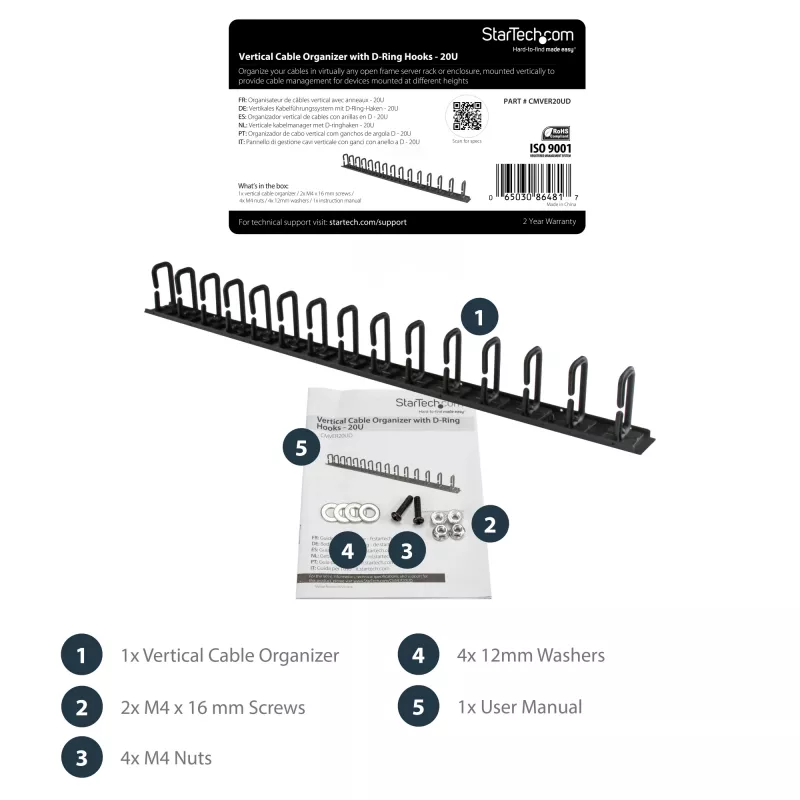 StarTech.com Organizador de cables vertical con ganchos en D – 0U – 2,8 pies