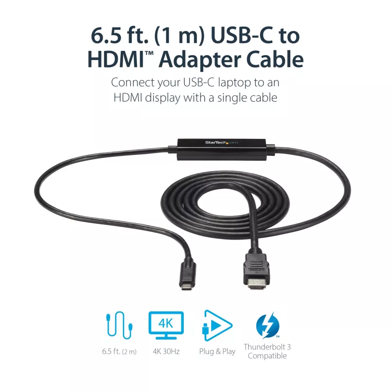 StarTech.com Cable USB-C a HDMI de 0,91 m (3 pies) – 4K 30 Hz Convertidor de vídeo USB Type-C a HDMI – Cable adaptador de monitor USB-C DP Alt Mode a HDMI – Compatible con Thunderbolt