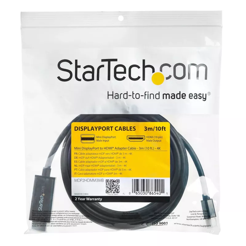 StarTech.com Cable Mini DisplayPort a HDMI de 3 m – Vídeo 4K 30 Hz – Cable adaptador mDP a HDMI – Mini DP o Thunderbolt 1/2 de Mac/PC a monitor/pantalla HDMI – Cable convertidor mDP a HDMI