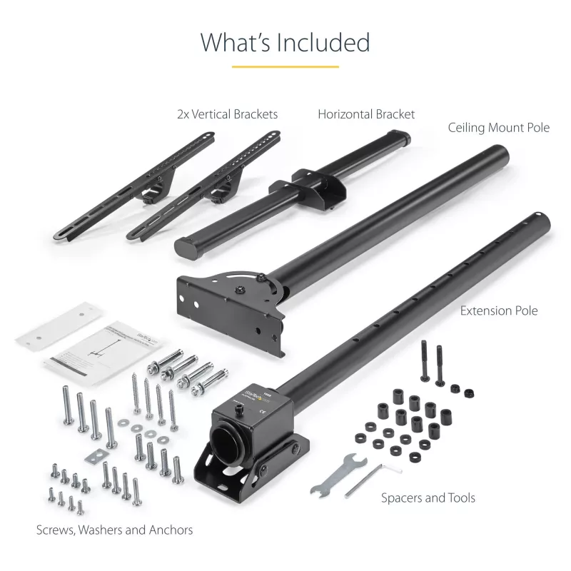 StarTech.com Soporte de techo para TV – Soporte universal de pantalla única colgante totalmente articulado con barra telescópica ajustable – Inclinación / giro – Soporte VESA para pantallas de 32 a 75 pulgadas