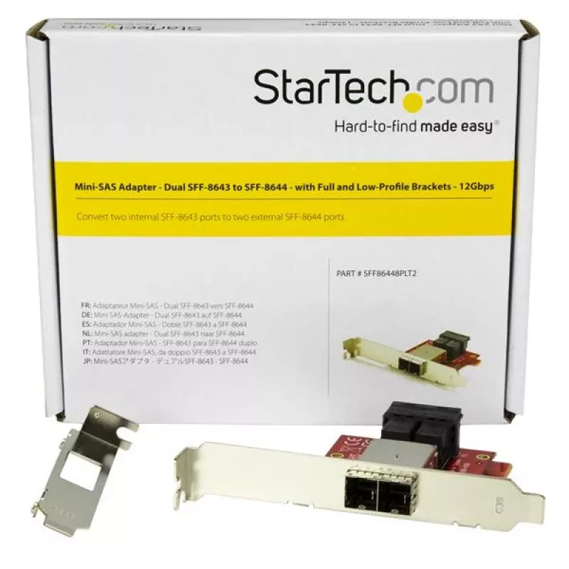 StarTech.com Adaptador Mini-SAS – Doble SFF-8643 a SFF-8644 – con soportes de perfil completo y bajo – 12 Gbit/s