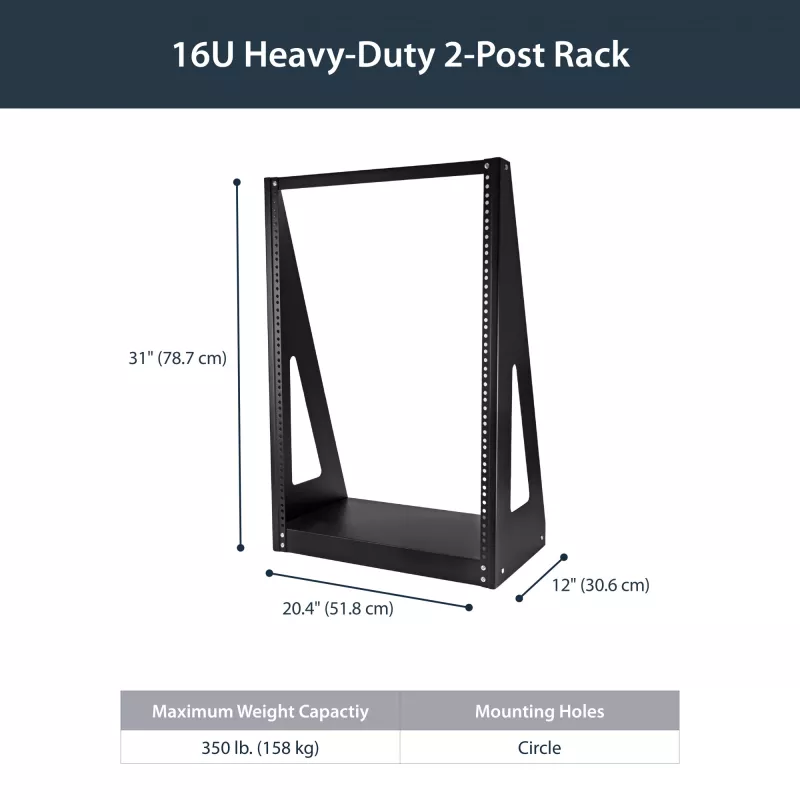 StarTech.com Rack de servidor de sobremesa de 2 postes y 16U de alto rendimiento, rack de ordenador abierto pequeño de 19 pulgadas, rack de red compacto para equipos de AV/estudio/datos/IT, conforme a TAA – rack de dos postes autónomo para casa/oficina