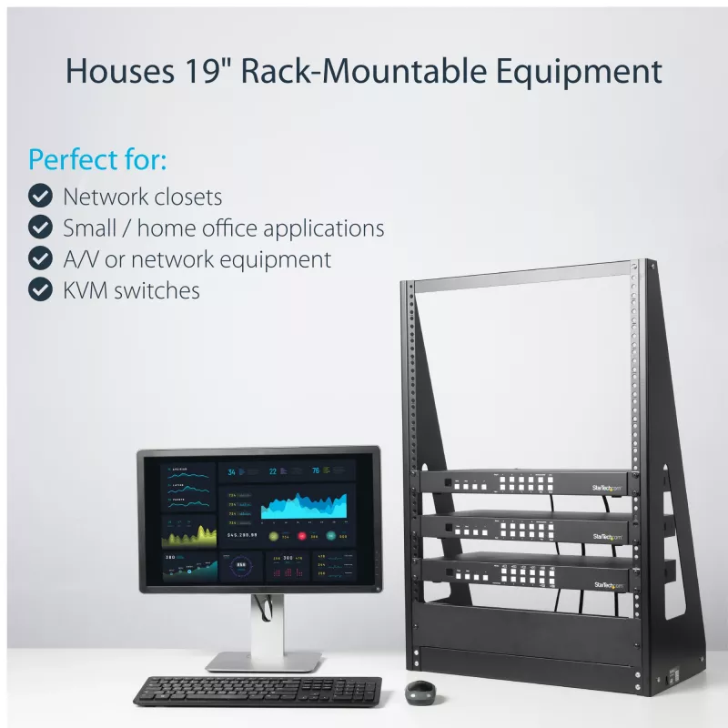StarTech.com Rack de servidor de sobremesa de 2 postes y 16U de alto rendimiento, rack de ordenador abierto pequeño de 19 pulgadas, rack de red compacto para equipos de AV/estudio/datos/IT, conforme a TAA – rack de dos postes autónomo para casa/oficina