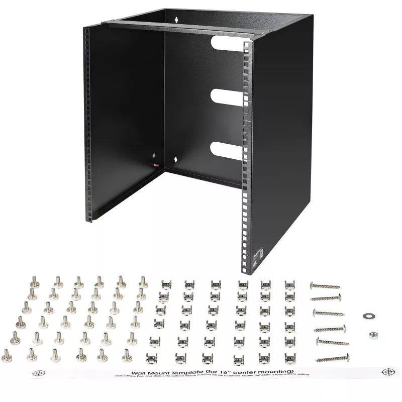 StarTech.com Rack de red de pared 12U – 14 pulgadas de profundidad (perfil plano) – Soporte para panel de parcheo de 19 pulgadas para servidores y equipos IT planos, switches de red – Capacidad de carga de 125 lbs/57 kg, negro