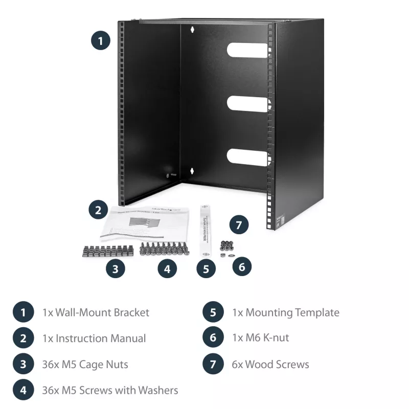 StarTech.com Rack de red de pared 12U – 14 pulgadas de profundidad (perfil plano) – Soporte para panel de parcheo de 19 pulgadas para servidores y equipos IT planos, switches de red – Capacidad de carga de 125 lbs/57 kg, negro