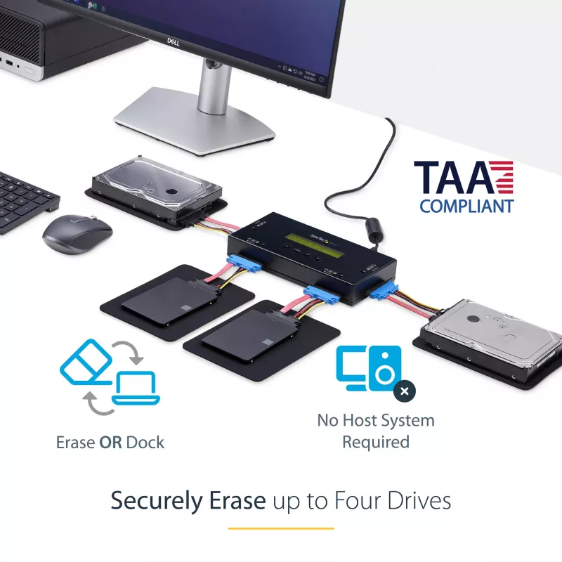 StarTech.com Borrador de discos duros SSD/HDD de 4 bahías - SATA de 2.5 pulgadas y 3.5 pulgadas - Sanitizador de discos externo autónomo sin host con borrado seguro - 9 modos de borrado - Puerto de impresora RS232 - Compatible con NIST/DOD y TAA