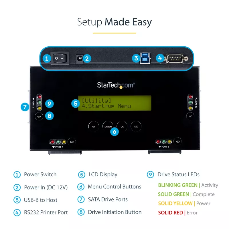 StarTech.com Borrador de discos duros SSD/HDD de 4 bahías - SATA de 2.5 pulgadas y 3.5 pulgadas - Sanitizador de discos externo autónomo sin host con borrado seguro - 9 modos de borrado - Puerto de impresora RS232 - Compatible con NIST/DOD y TAA