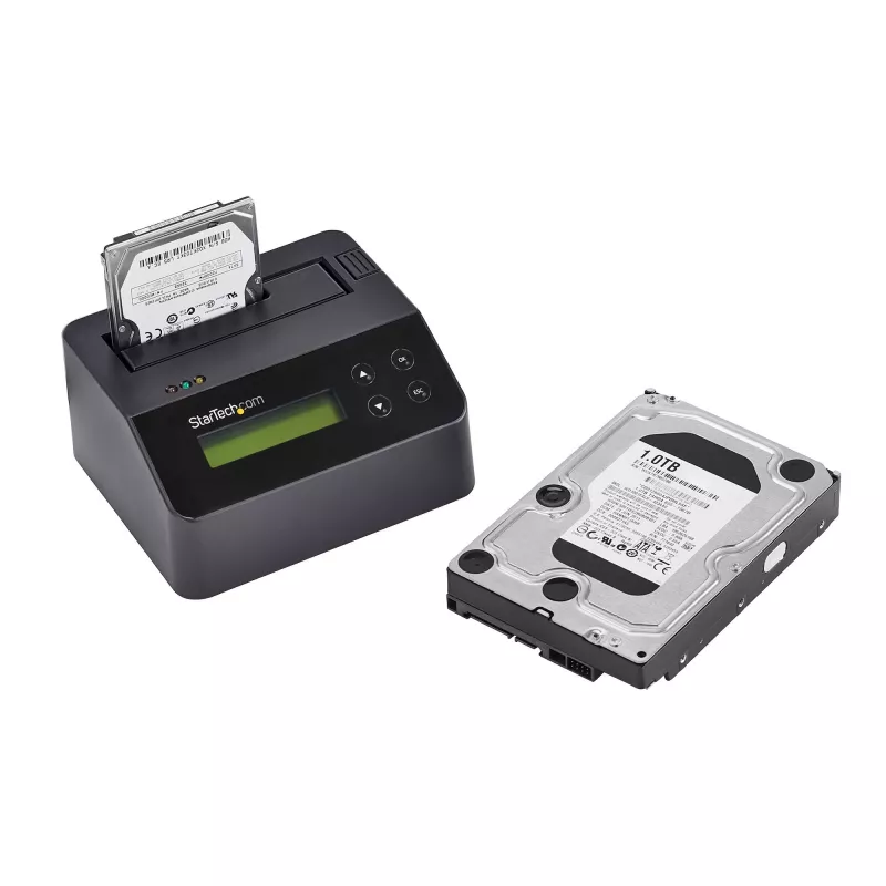 StarTech.com Borrador de discos duros de una bahía, sanitizador de HDD/SSD autónomo, 4Kn, USB 3.0 a SATA III (6 Gbit/s), 9 modos de borrado, pantalla LCD, dock sanitizador de discos duros con borrado seguro, puerto de impresora DB-9, conforme a TAA