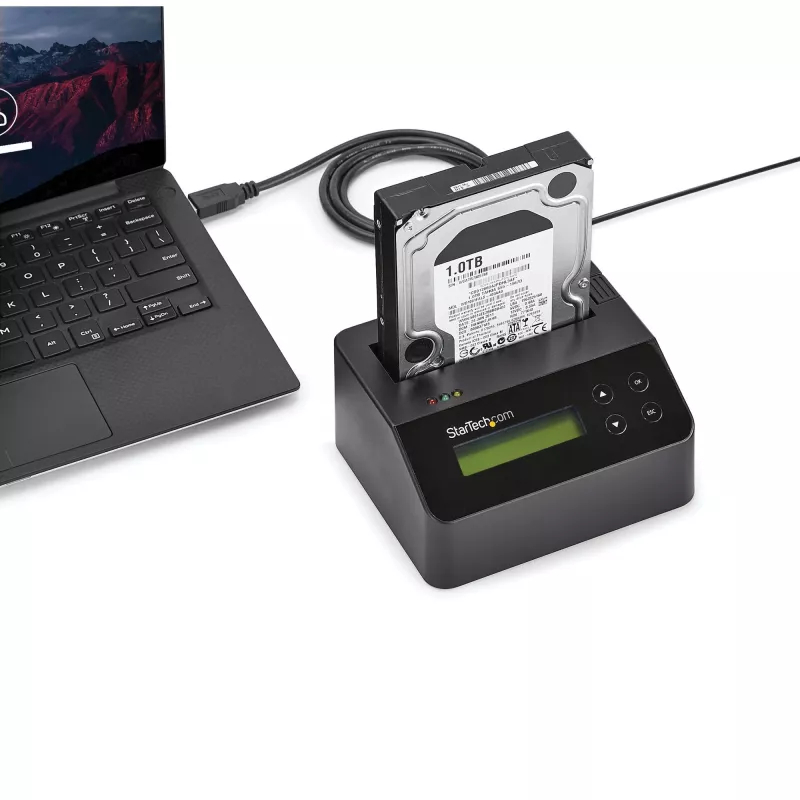 StarTech.com Borrador de discos duros de una bahía, sanitizador de HDD/SSD autónomo, 4Kn, USB 3.0 a SATA III (6 Gbit/s), 9 modos de borrado, pantalla LCD, dock sanitizador de discos duros con borrado seguro, puerto de impresora DB-9, conforme a TAA