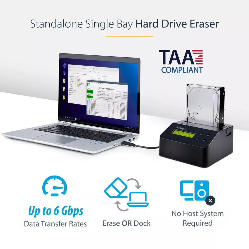 StarTech.com Borrador de discos duros de una bahía, sanitizador de HDD/SSD autónomo, 4Kn, USB 3.0 a SATA III (6 Gbit/s), 9 modos de borrado, pantalla LCD, dock sanitizador de discos duros con borrado seguro, puerto de impresora DB-9, conforme a TAA
