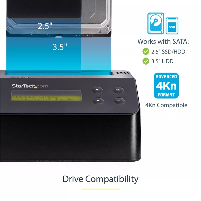 StarTech.com Borrador de discos duros de una bahía, sanitizador de HDD/SSD autónomo, 4Kn, USB 3.0 a SATA III (6 Gbit/s), 9 modos de borrado, pantalla LCD, dock sanitizador de discos duros con borrado seguro, puerto de impresora DB-9, conforme a TAA