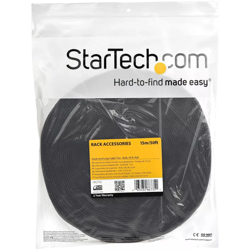 StarTech.com Rollo de cierre de gancho y bucle de 50ft - Bridas de cables reutilizables cortables a medida - Cinta adhesiva industrial para cables a granel / Fundas de tela ajustables negro / Bridas de gestión de cables autoadherentes reutilizables