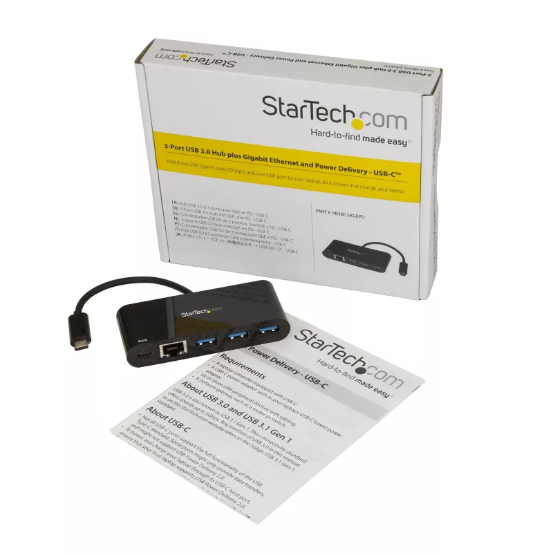 StarTech.com Hub USB-C de 3 puertos con Gigabit Ethernet y carga de portátil con Power Delivery 60 W passthrough – USB-C a 3x USB-A (USB 3.0 SuperSpeed 5 Gbit/s) – Hub adaptador USB 3.1/3.2 Gen 1 Type-C