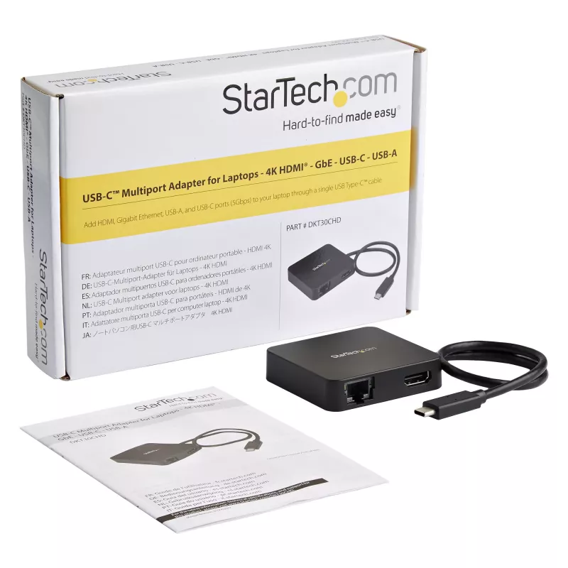 StarTech.com Adaptador multipuerto USB-C - Mini dock USB-C portátil con vídeo 4K-HDMI - Gigabit Ethernet, hub USB 3.0 (1x USB-A, 1x USB-C) - Adaptador multipuerto USB Type-C - Compatible con Thunderbolt 3