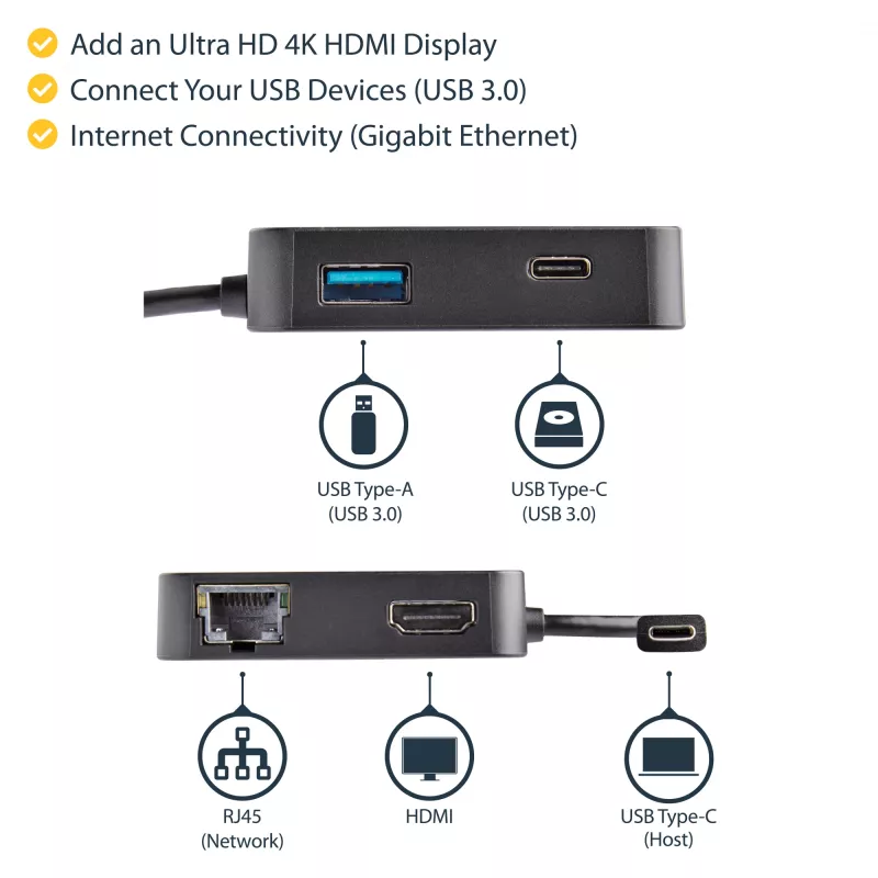 StarTech.com Adaptador multipuerto USB-C - Mini dock USB-C portátil con vídeo 4K-HDMI - Gigabit Ethernet, hub USB 3.0 (1x USB-A, 1x USB-C) - Adaptador multipuerto USB Type-C - Compatible con Thunderbolt 3
