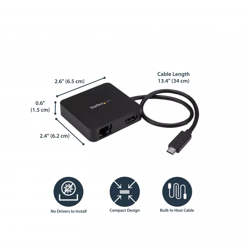 StarTech.com Adaptador multipuerto USB-C - Mini dock USB-C portátil con vídeo 4K-HDMI - Gigabit Ethernet, hub USB 3.0 (1x USB-A, 1x USB-C) - Adaptador multipuerto USB Type-C - Compatible con Thunderbolt 3