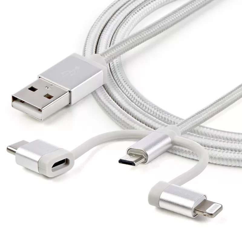 StarTech.com Cable de carga múltiple USB de 1 m – USB a Micro-USB o USB-C o Lightning para iPhone/iPad/iPod/Android – certificado Apple MFi – cargador USB 3 en 1 – trenzado