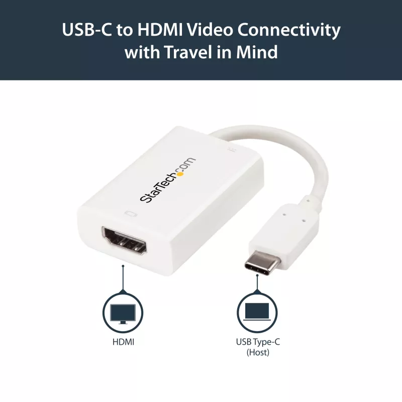 StarTech.com Adaptador USB-C a HDMI 2.0 con Power Delivery - Convertidor de vídeo USB Type-C a HDMI Display 4K 60Hz - Puerto de carga de paso 60W PD - Compatible con Thunderbolt 3 - Blanco