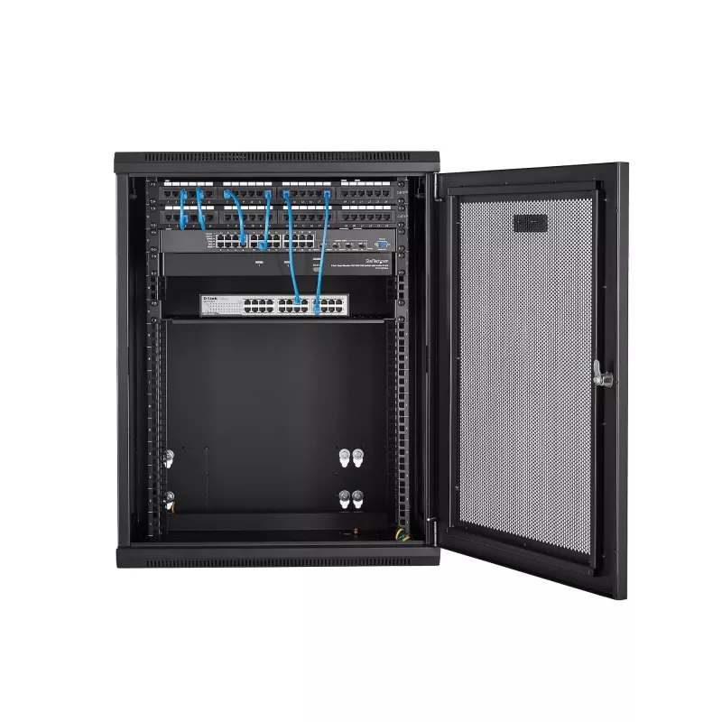 StarTech.com Armario de red de montaje en pared 4 postes 15U con bandeja 1U, rack de servidor plegable de 19