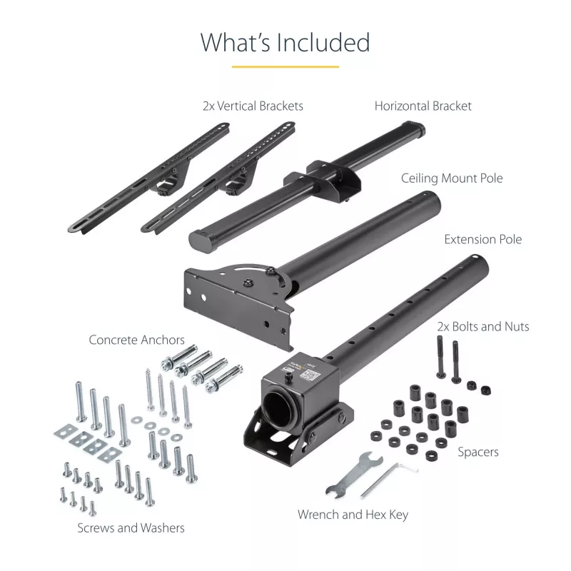 StarTech.com Soporte de techo para TV – soporte colgante universal totalmente articulado para una pantalla con mástil telescópico corto ajustable – inclinación/giro – soporte VESA para pantallas de 32–75