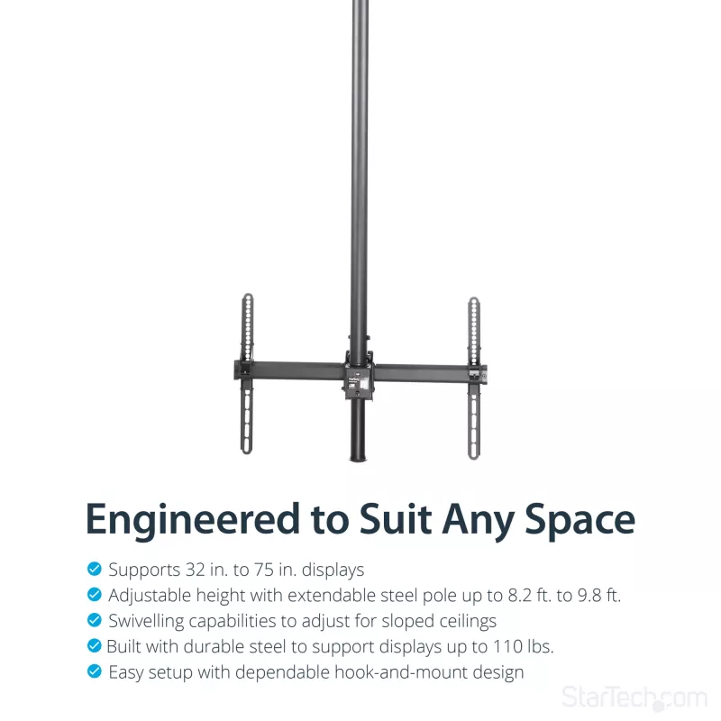 StarTech.com Soporte de techo para TV – soporte colgante universal totalmente articulado para una pantalla con mástil telescópico largo ajustable – inclinación/giro – soporte VESA para pantallas de 32