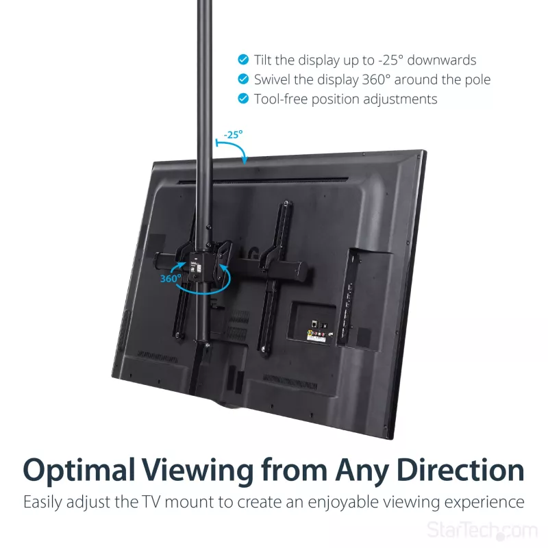 StarTech.com Soporte de techo para TV – soporte colgante universal totalmente articulado para una pantalla con mástil telescópico largo ajustable – inclinación/giro – soporte VESA para pantallas de 32
