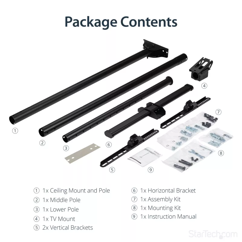StarTech.com Soporte de techo para TV – soporte colgante universal totalmente articulado para una pantalla con mástil telescópico largo ajustable – inclinación/giro – soporte VESA para pantallas de 32