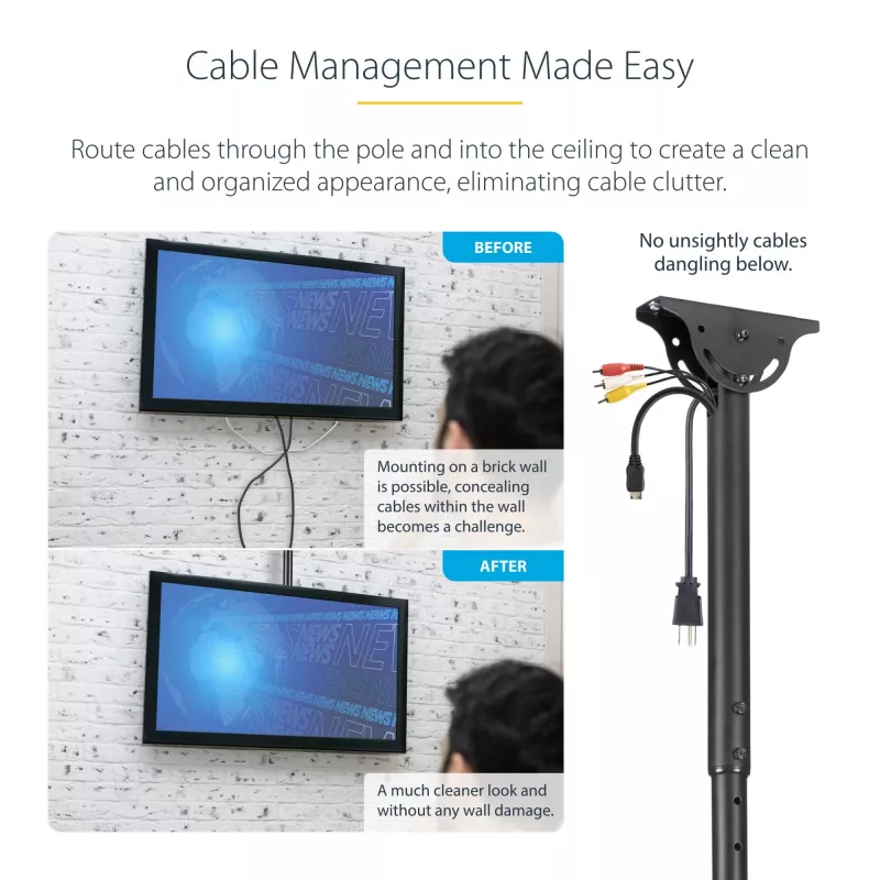 StarTech.com Soporte de techo para TV – soporte colgante universal totalmente articulado para una pantalla con mástil telescópico largo ajustable – inclinación/giro – soporte VESA para pantallas de 32