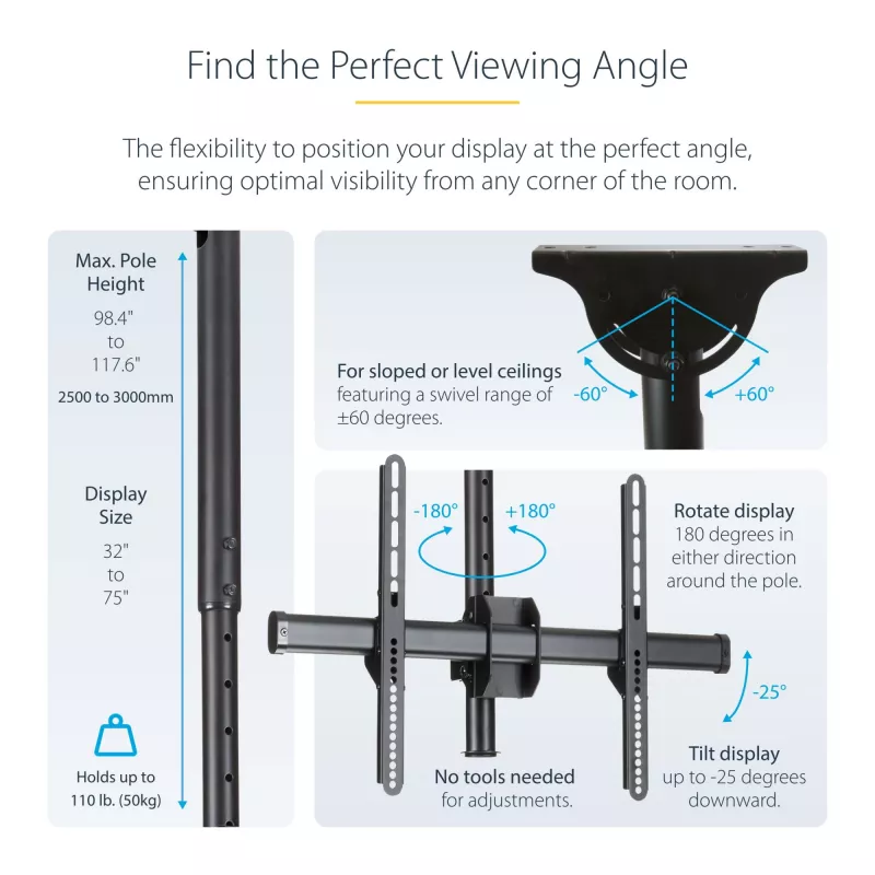 StarTech.com Soporte de techo para TV – soporte colgante universal totalmente articulado para una pantalla con mástil telescópico largo ajustable – inclinación/giro – soporte VESA para pantallas de 32