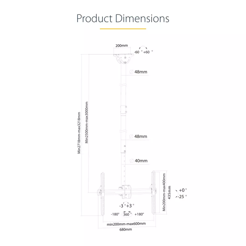 StarTech.com Soporte de techo para TV – soporte colgante universal totalmente articulado para una pantalla con mástil telescópico largo ajustable – inclinación/giro – soporte VESA para pantallas de 32