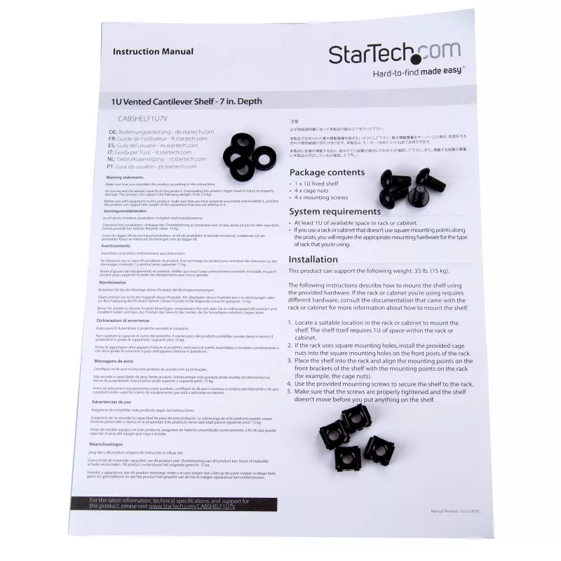 StarTech.com Bandeja de rack de servidor 1U – bandeja de montaje en rack ventilada universal para rack y armario de red de 19