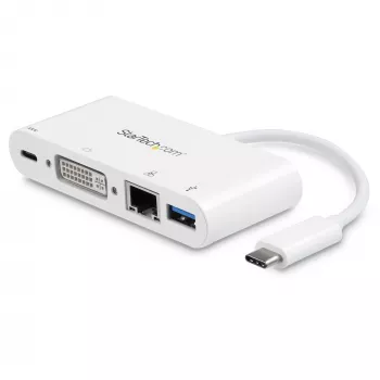 StarTech.com Adaptador multipuerto USB-C – adaptador de vídeo USB-C a DVI-D (digital) con carga pasante Power Delivery de 60 W, GbE, USB-A – mini docking station portátil para portátiles USB Type-C/Thunderbolt 3