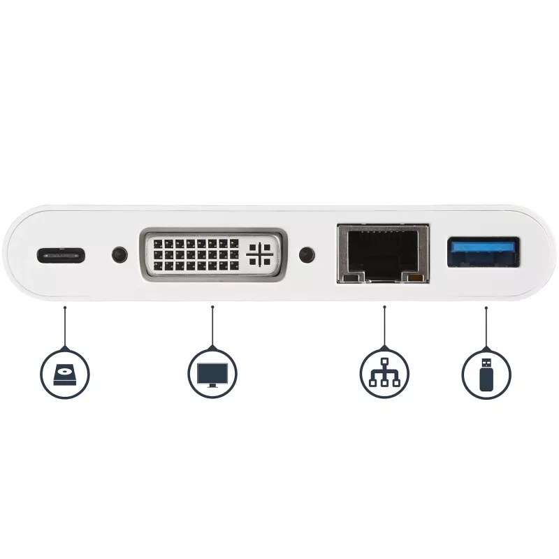 StarTech.com Adaptador multipuerto USB-C – adaptador de vídeo USB-C a DVI-D (digital) con carga pasante Power Delivery de 60 W, GbE, USB-A – mini docking station portátil para portátiles USB Type-C/Thunderbolt 3