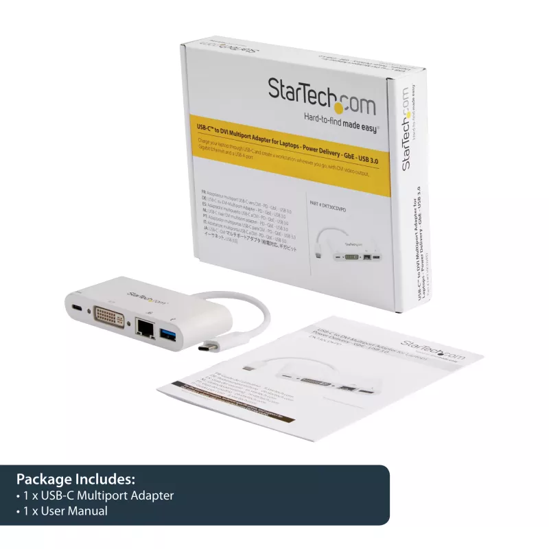 StarTech.com Adaptador multipuerto USB-C – adaptador de vídeo USB-C a DVI-D (digital) con carga pasante Power Delivery de 60 W, GbE, USB-A – mini docking station portátil para portátiles USB Type-C/Thunderbolt 3