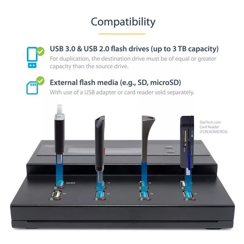 StarTech.com Duplicador y borrador de memorias USB autónomo de 1 a 7, copiador de unidades flash USB múltiples, copia de sistema y archivos y de unidad completa a 1,5 GB/min, borrado simple y de 3 pasadas, pantalla LCD – TAA