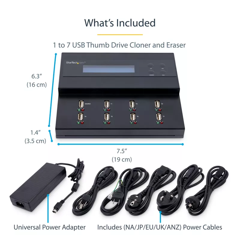 StarTech.com Duplicador y borrador de memorias USB autónomo de 1 a 7, copiador de unidades flash USB múltiples, copia de sistema y archivos y de unidad completa a 1,5 GB/min, borrado simple y de 3 pasadas, pantalla LCD – TAA