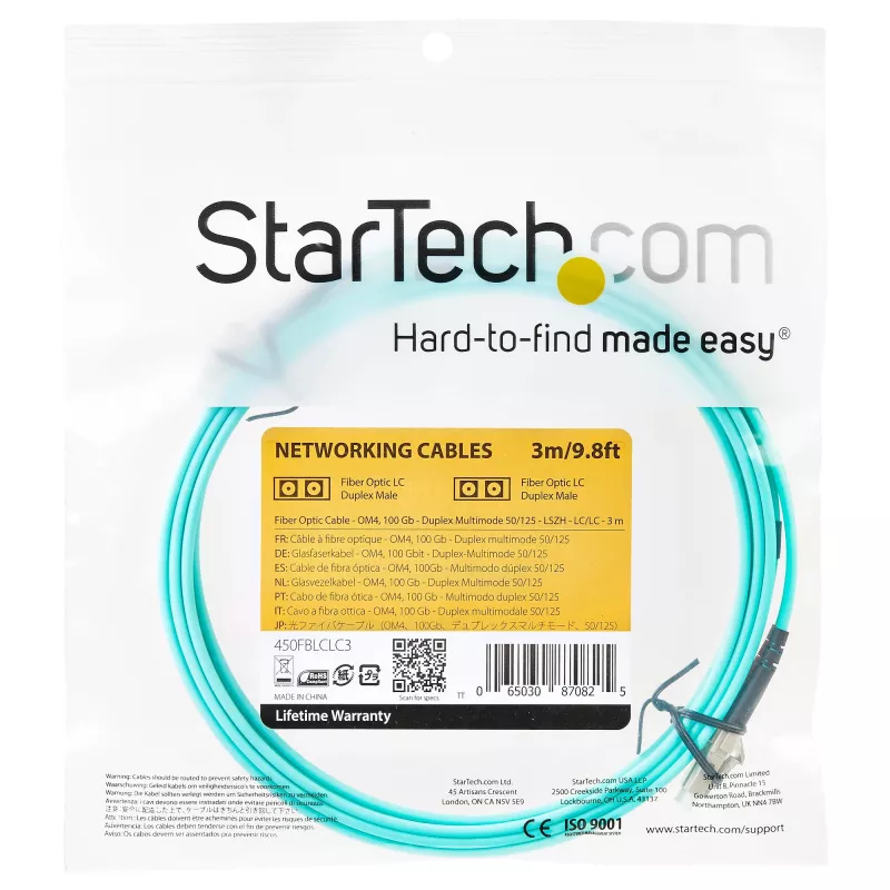 StarTech.com Cable de fibra óptica multimodo LC/UPC a LC/UPC OM4 de 3 m (10ft), fibra zipcord LOMMF/VCSEL 50/125 µm, 100G, baja pérdida de inserción – cable jumper de fibra óptica LSZH