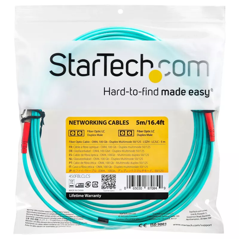 StarTech.com Cable de fibra óptica multimodo LC/UPC a LC/UPC OM4 de 5 m (16.4ft), fibra zipcord LOMMF/VCSEL 50/125 µm, 100G, baja pérdida de inserción – cable de parcheo de fibra óptica LSZH