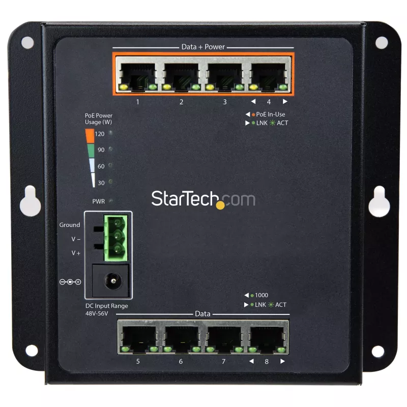 StarTech.com Switch PoE Gigabit industrial de 8 puertos – 4 x PoE+ 30W – Power Over Ethernet – switch gestionado GbE Layer/L2 reforzado – switch de red Gigabit robusto de alto rendimiento IP-30/-40 °C a +75 °C – TAA
