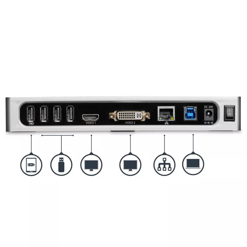 StarTech.com Docking station USB 3.0 – docking station para portátil de doble monitor con vídeo HDMI y DVI/VGA – hub USB 3.1 Gen 1 5Gbps de 6 puertos, GbE, audio – dock universal Type-A – Windows y Mac