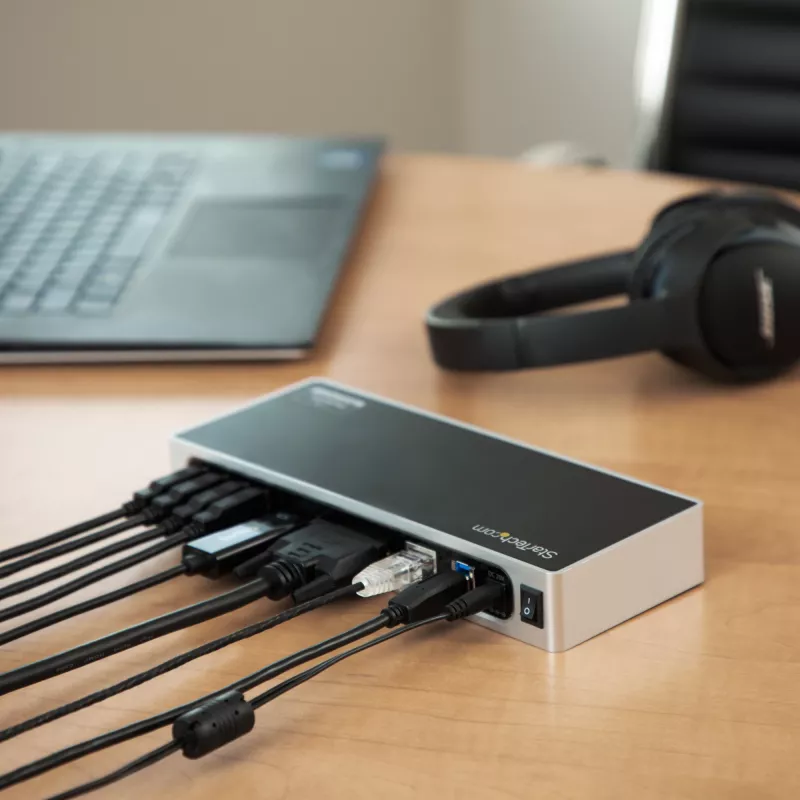 StarTech.com Docking station USB 3.0 – docking station para portátil de doble monitor con vídeo HDMI y DVI/VGA – hub USB 3.1 Gen 1 5Gbps de 6 puertos, GbE, audio – dock universal Type-A – Windows y Mac