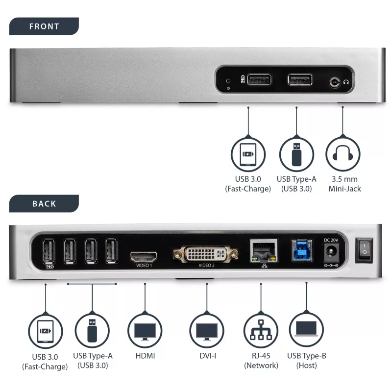StarTech.com Docking station USB 3.0 – docking station para portátil de doble monitor con vídeo HDMI y DVI/VGA – hub USB 3.1 Gen 1 5Gbps de 6 puertos, GbE, audio – dock universal Type-A – Windows y Mac