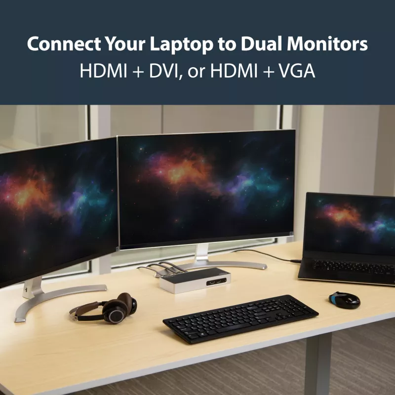 StarTech.com Docking station USB 3.0 – docking station para portátil de doble monitor con vídeo HDMI y DVI/VGA – hub USB 3.1 Gen 1 5Gbps de 6 puertos, GbE, audio – dock universal Type-A – Windows y Mac