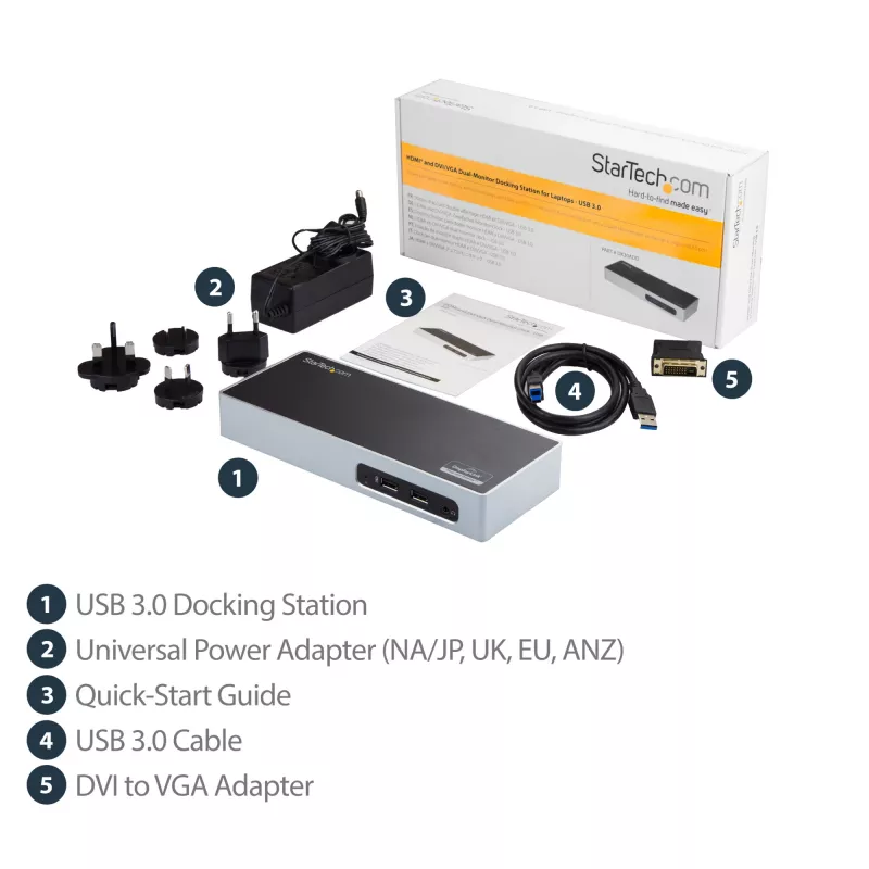 StarTech.com Docking station USB 3.0 – docking station para portátil de doble monitor con vídeo HDMI y DVI/VGA – hub USB 3.1 Gen 1 5Gbps de 6 puertos, GbE, audio – dock universal Type-A – Windows y Mac