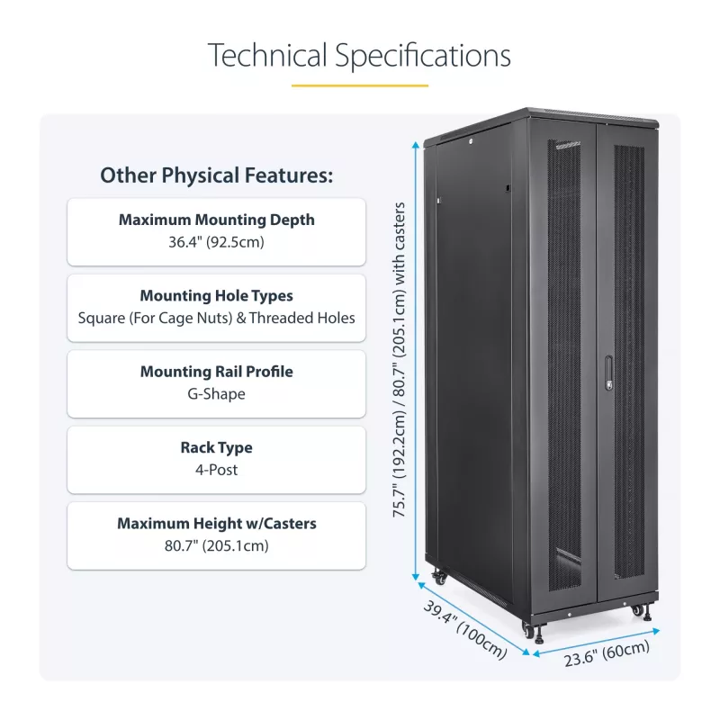 StarTech.com Rack de servidor 4 postes 42U, armario de datos de 19