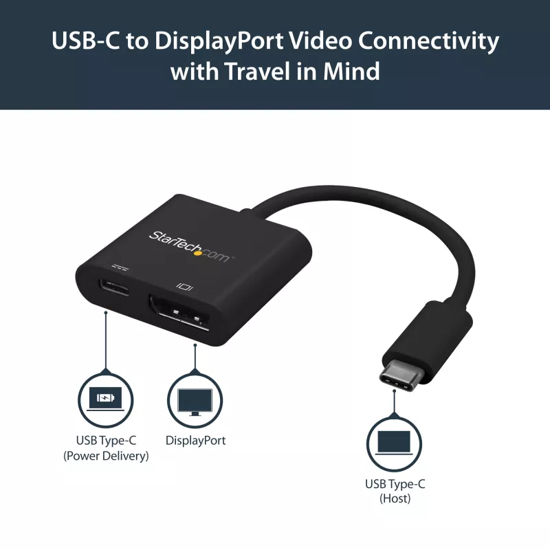 StarTech.com adaptador USB-C a DisplayPort con Power Delivery – 4K 60Hz HBR2 – convertidor de vídeo USB Type-C a monitor DP 1.2 con carga – 60W PD Passthrough – compatible con Thunderbolt 3