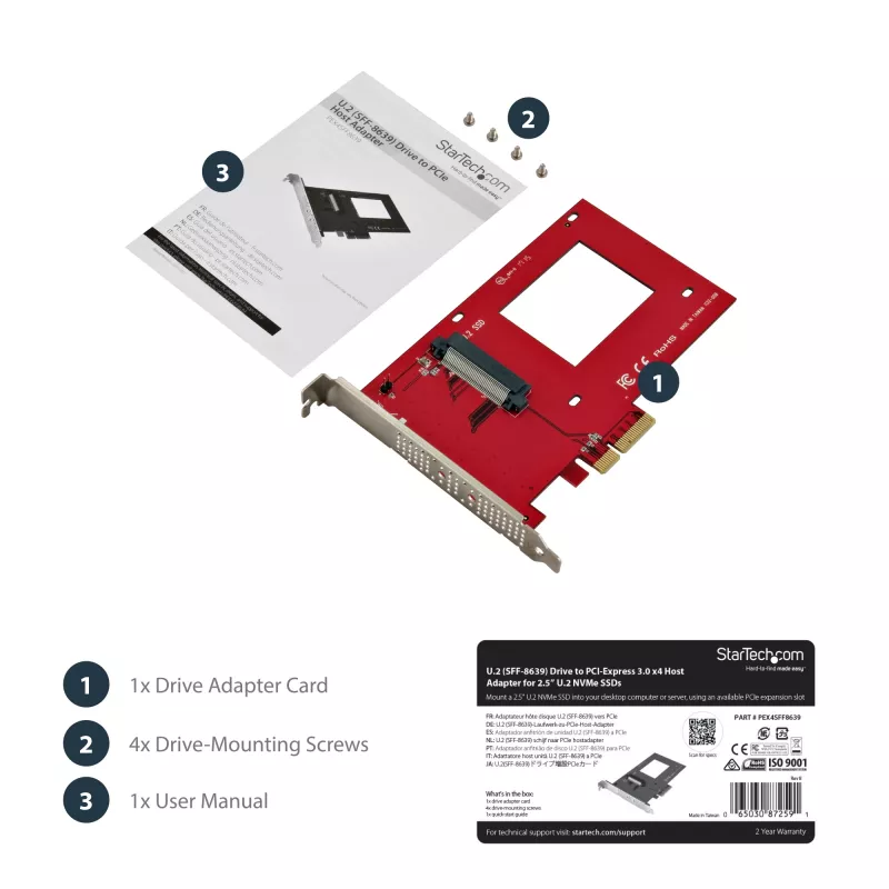 StarTech.com PEX4SFF8639 adaptador de U.2 a PCIe para SSD U.2 NVMe de 2,5 pulgadas, SFF-8639, x4 PCIe 3.0