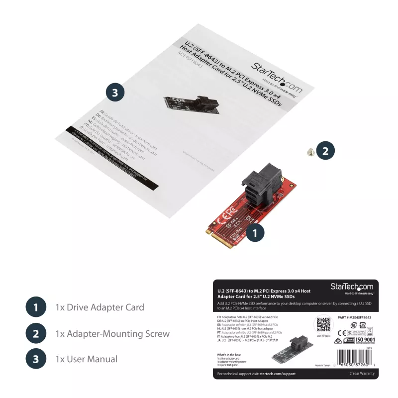 StarTech.com tarjeta adaptadora host U.2 (SFF-8643) a M.2 PCI Express 3.0 x4 para SSD U.2 NVMe de 2,5