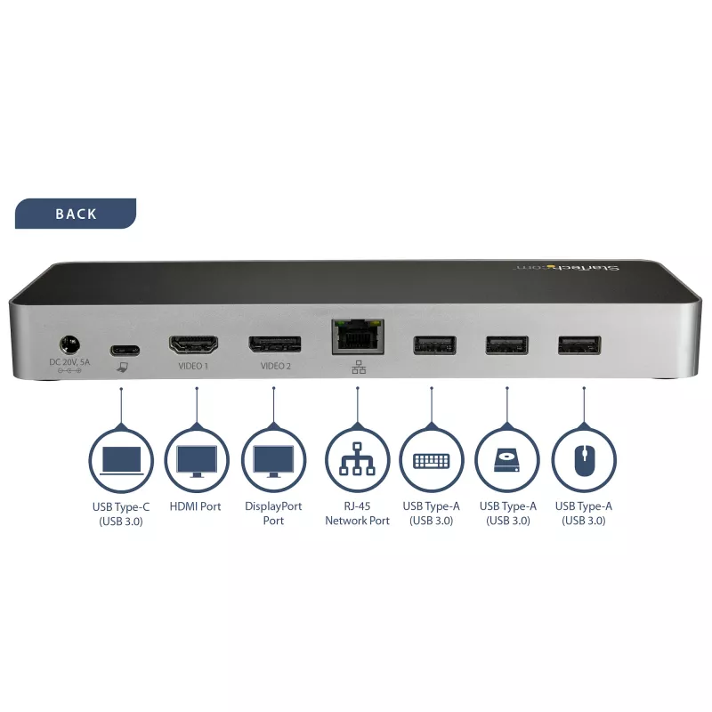 StarTech.com dock USB-C – doble monitor HDMI y DisplayPort 4K 30 Hz – estación de acoplamiento para portátil USB Type-C 60 W Power Delivery, SD, hub USB-A 3.0 de 4 puertos, GbE, audio – compatible con Thunderbolt 3