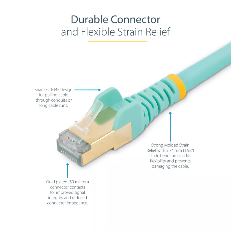 StarTech.com cable Ethernet CAT6a de 2 m – 10 Gigabit apantallado, snagless, RJ45, 100 W PoE patch – cable de red 10GbE STP con alivio de tensión – aqua, probado individualmente/cableado certificado UL/TIA